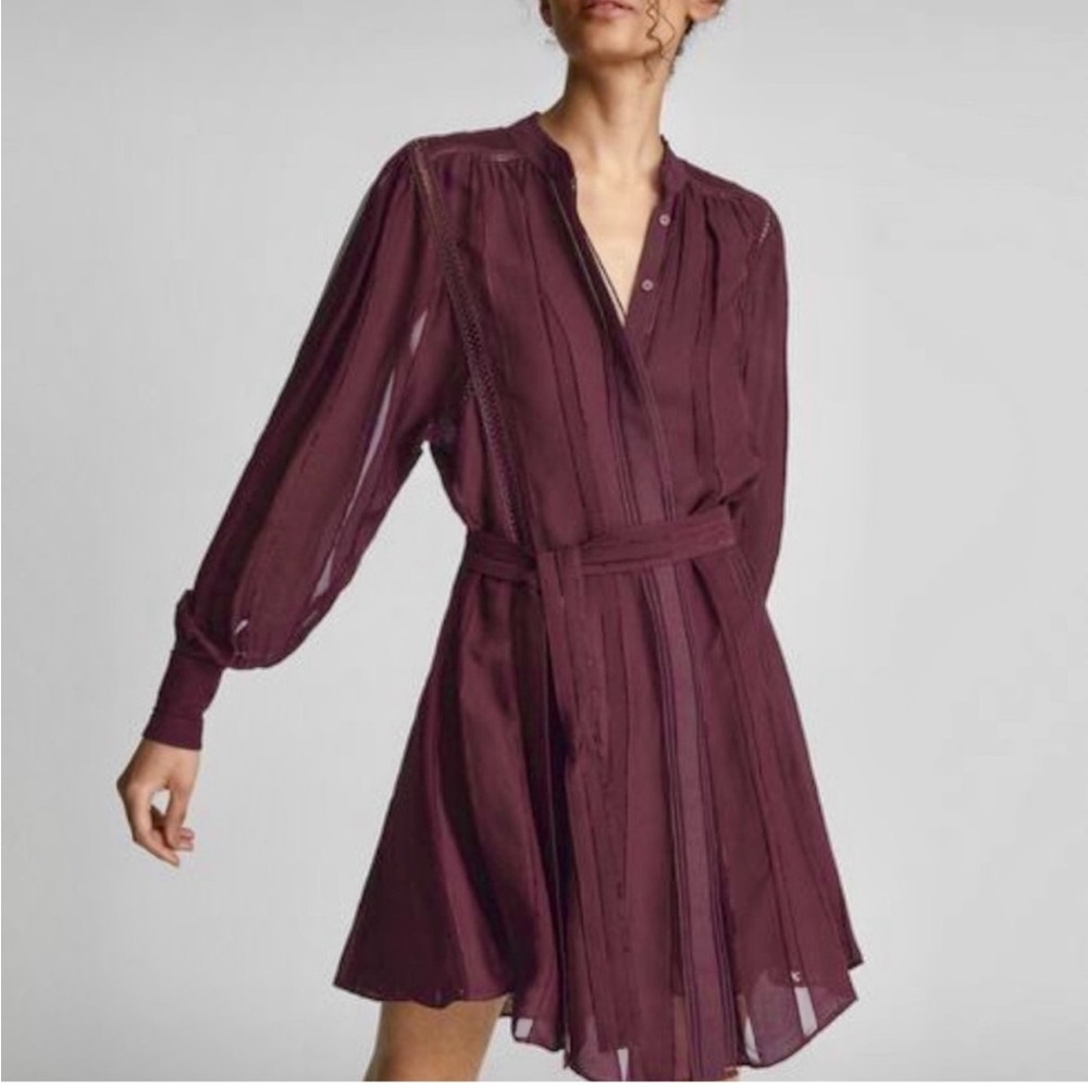 Reiss Harriet Belted Long Sleeve Dress in Burgundy Plum Size 0